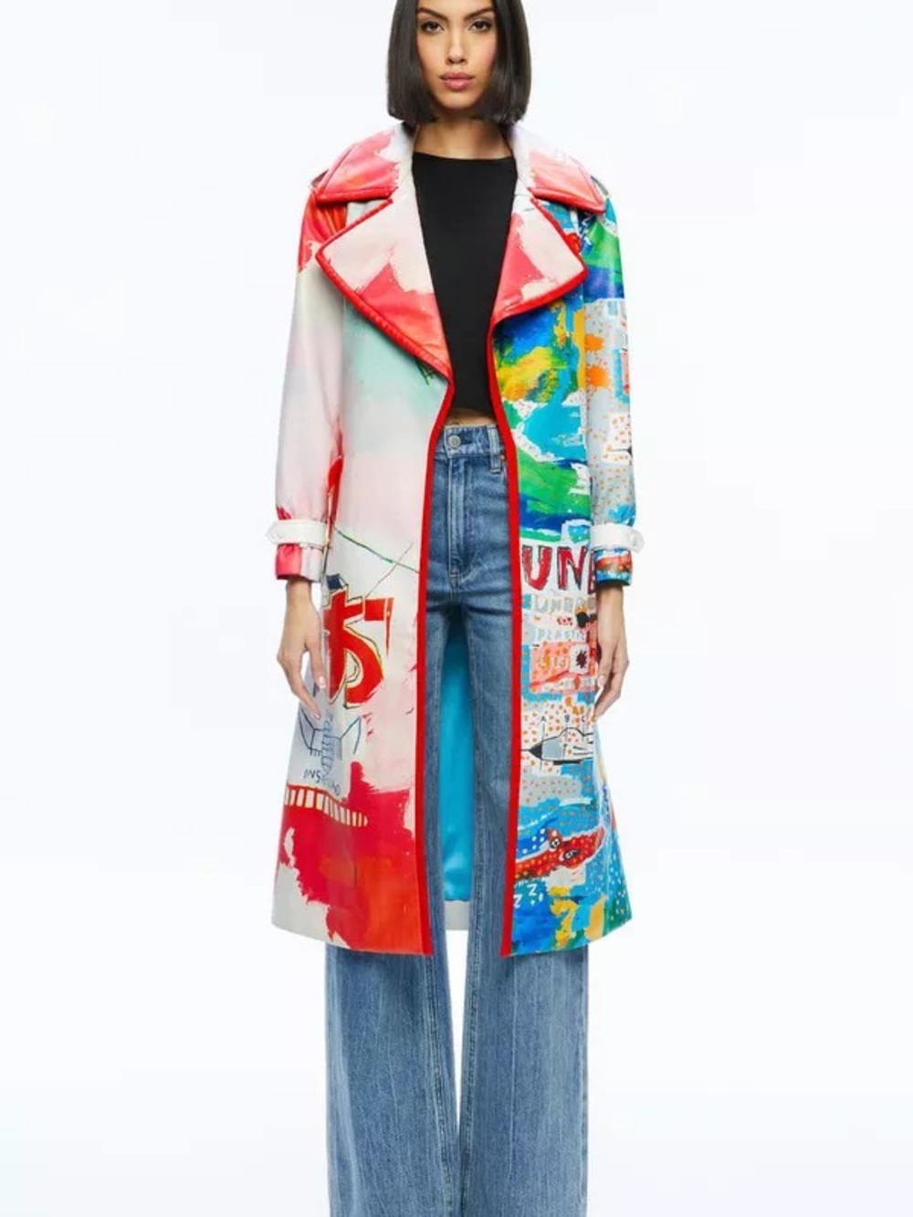 Alice + Olivia Jean Michel Basquiat Collab Vegan Leather Graffiti Trench Coat